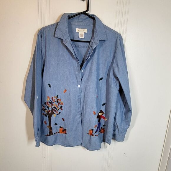 Bechamel Denim Embroidered Button Down Blouse - Picture 10 of 10
